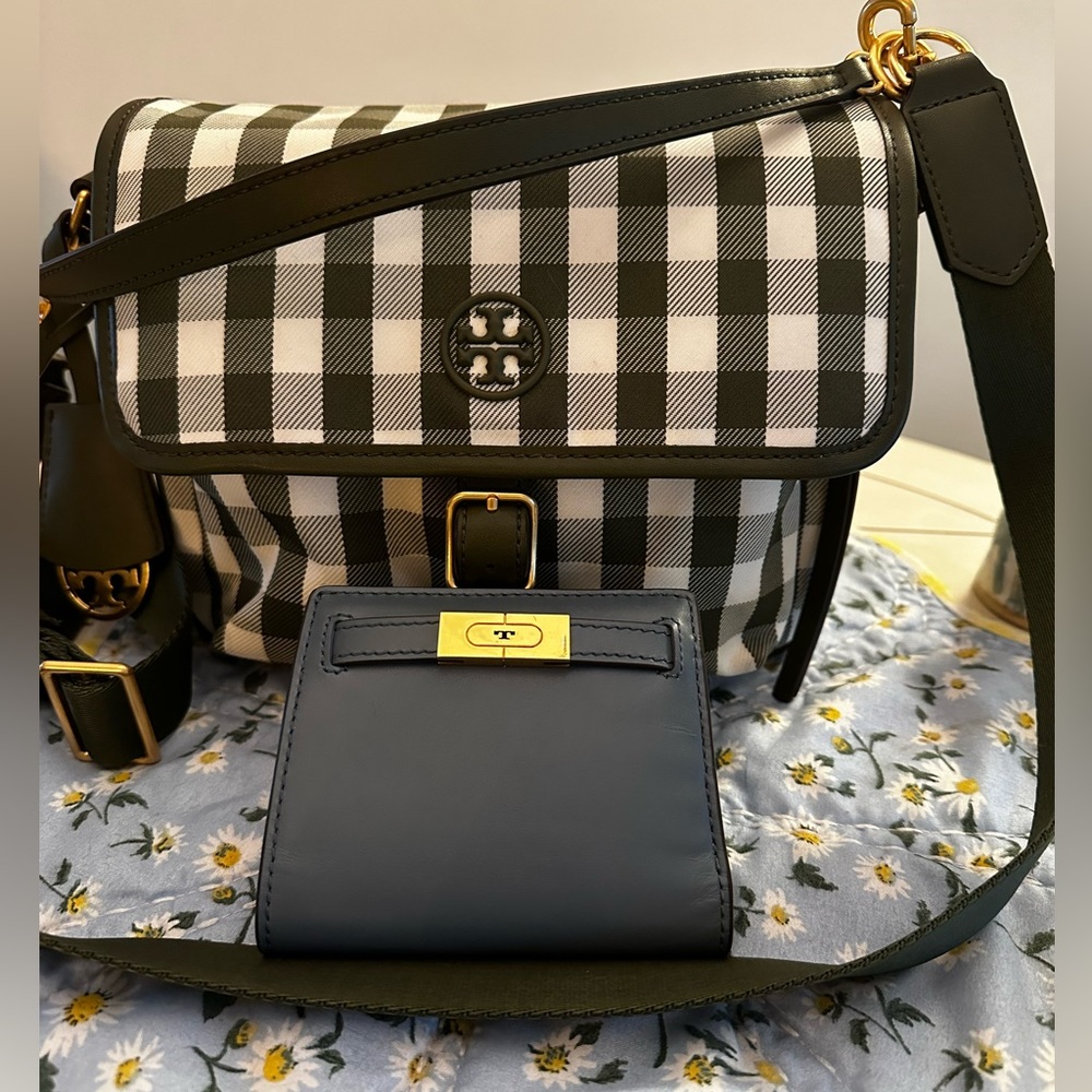 Tory Burch sage green gingham flap crossbody purse and matching wallet